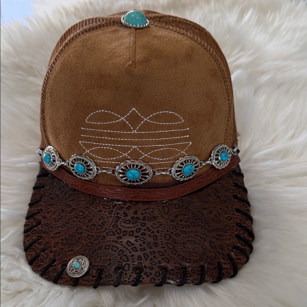 Women's Brown Suede-Style Hat with Turquoise Concho Band